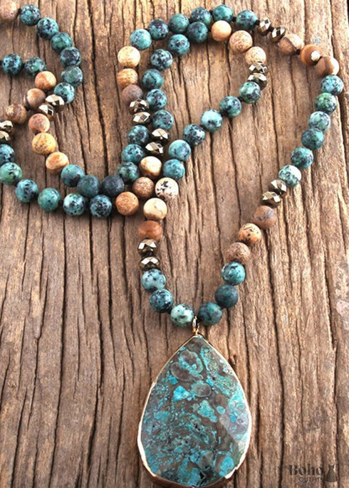 Boho Necklace, RH India Agated Green Oval Natural Stone